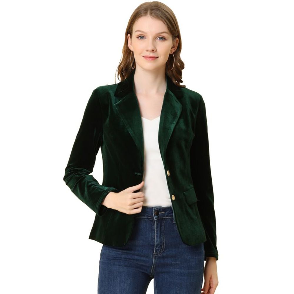 Women's Notched Lapel Vintage Button Front Velvet Blazer Dark Green
